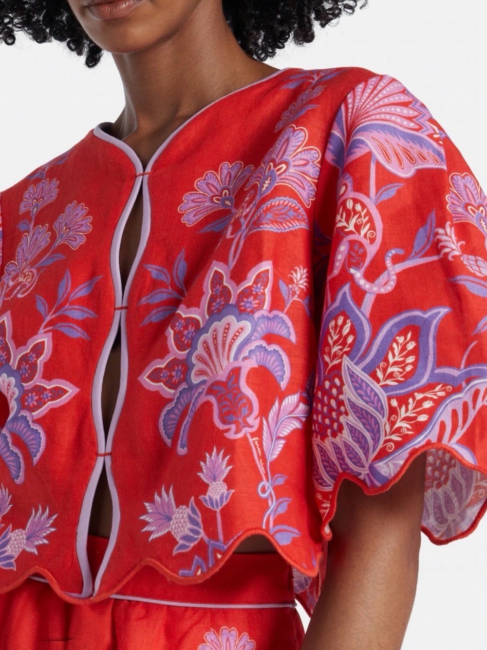 Farm Rio Red Porcelain Garden Linen Cropped Blouse XL